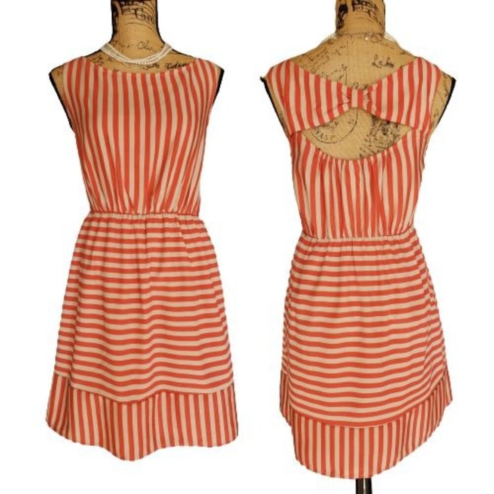 Pink Owl Womens M Slvls Dress Orange White Bow Back Detail Casual Preppy Chic